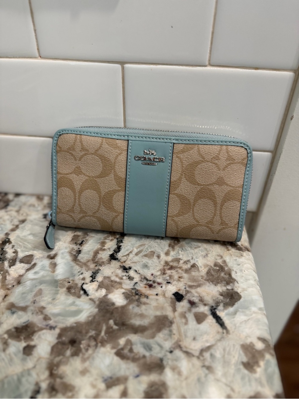 Coach Tan Signature Canvas Wallet with Light Blue Leather Trim